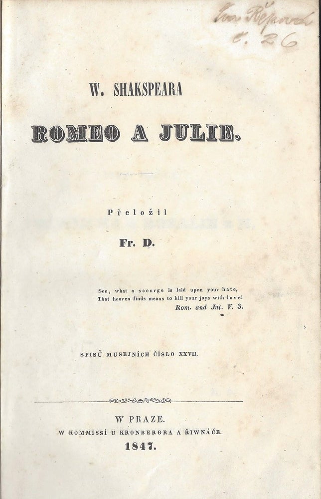 Item #1022 Romeo a Julie. [Romeo and Juliet.]. William Shakespeare, foreword, Frantisek Doucha.