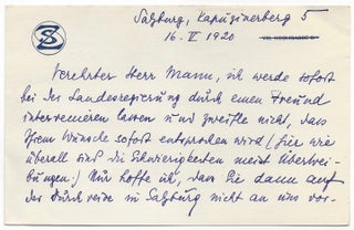 Item #1078 Stefan Zweig’s Holograph letter to Heinrich Mann. 1920. Stefan Zweig, Heinrich Mann