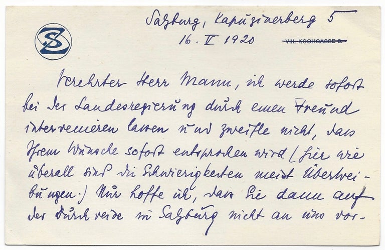 Item #1078 Stefan Zweig’s Holograph letter to Heinrich Mann. 1920. Stefan Zweig, Heinrich Mann.