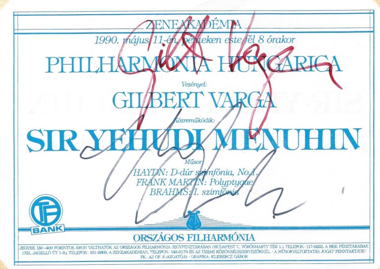 Item #1090 Signed Concert Program. Yehudi Sir Menuhin, Gilbert Varga.