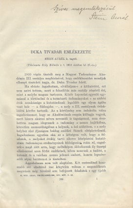 Item #1244 [On Cover:] Duka Tivadar emlékezete. Stein Aurél külso tagtól. (Fölolvasta Szily...