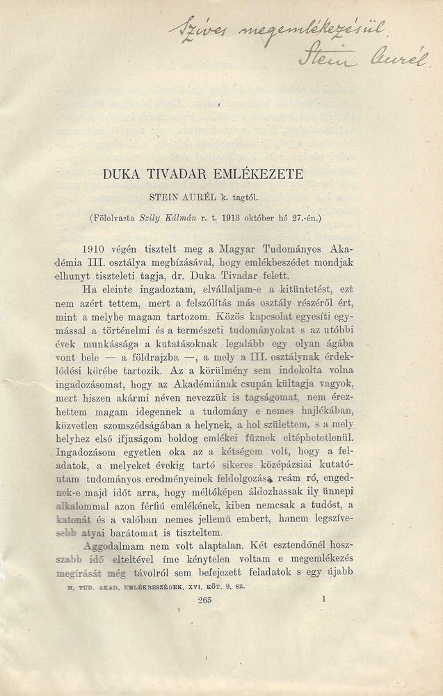 Item #1244 [On Cover:] Duka Tivadar emlékezete. Stein Aurél külso tagtól. (Fölolvasta Szily Kálmán rendes tag 1913 október hó 27-én). [In memoriam Theodore Duka.]. Aurél Stein.