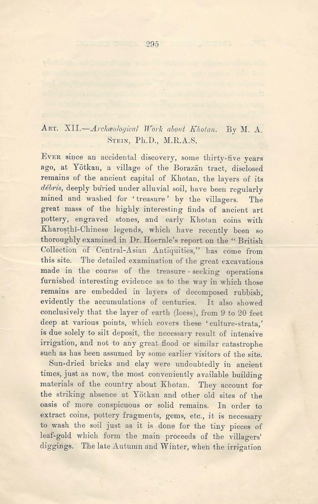 Item #1246 [Caption Title:] Archaeological Work About Khotan. (Art. XII.). Marc Aurel M. A. Stein, M. R. A. S., Ph D.