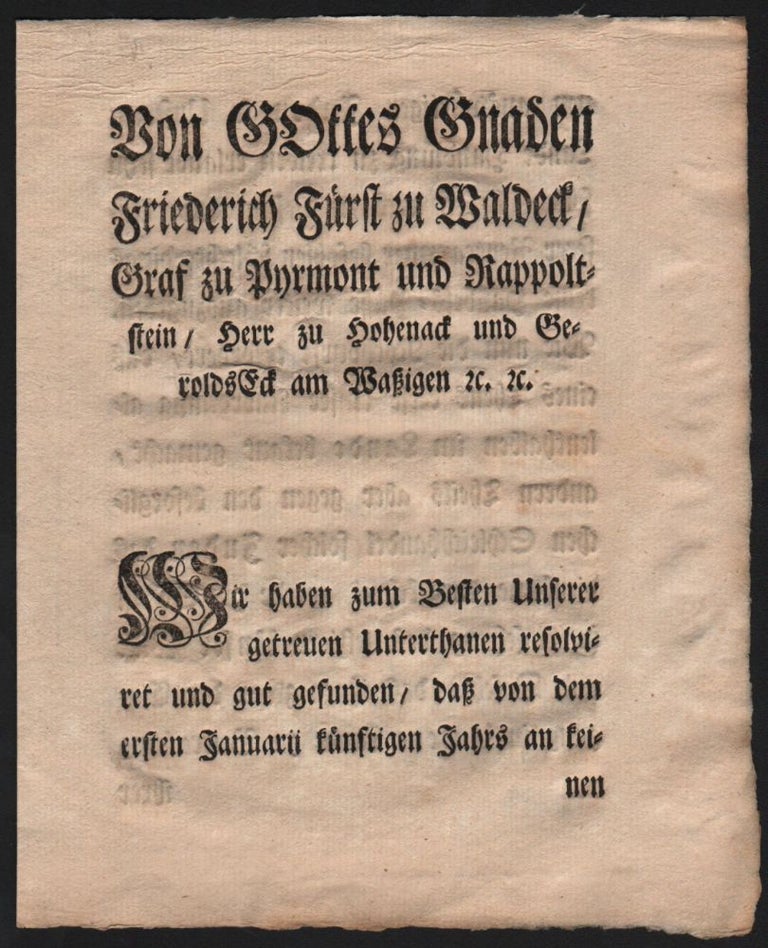 Item #133 [Decree Against Smuggling by Foreign Jews, on November 11, 1767.] Von Gottes Gnaden Friedrich Fürst zu Waldeck, [...]. Prince of Waldeck and Pyrmont Friedrich Karl August.