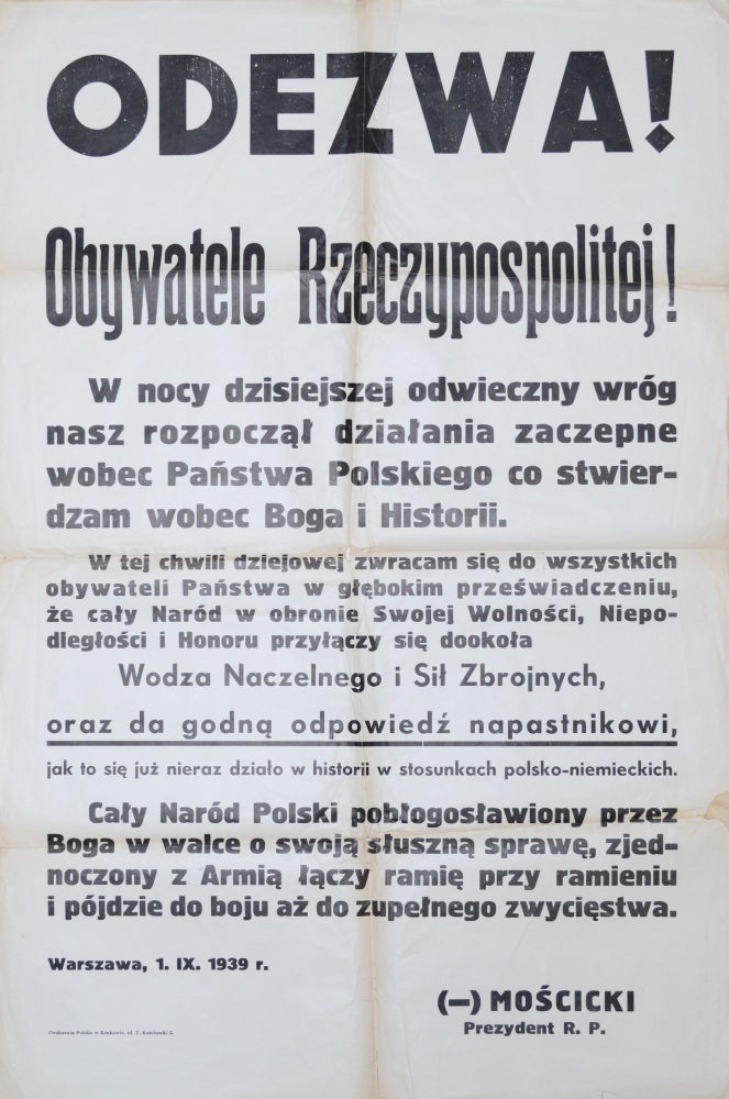 Item #1444 [Appeal of the Polish President on September 1, 1939] Odezwa! Obywatele Rzeczypospolitej! Ignacy Moscicki.