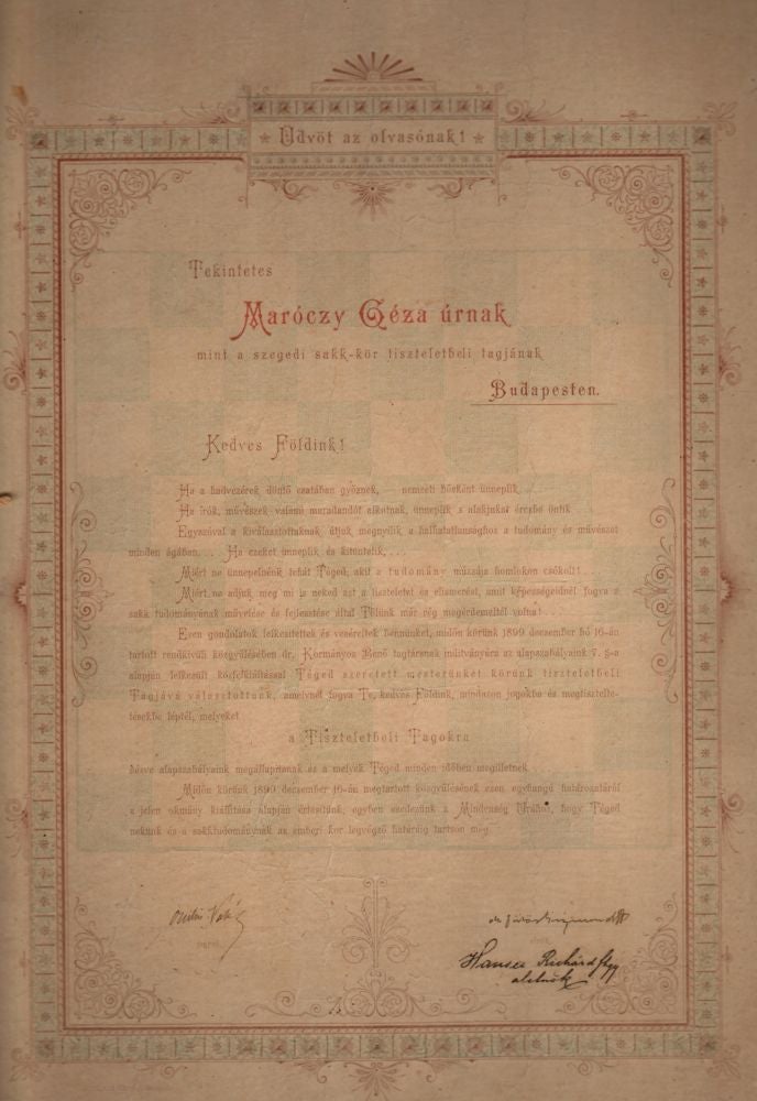 Item #150 Honorary Degree for Géza Maróczy by the Chess Association of Szeged.