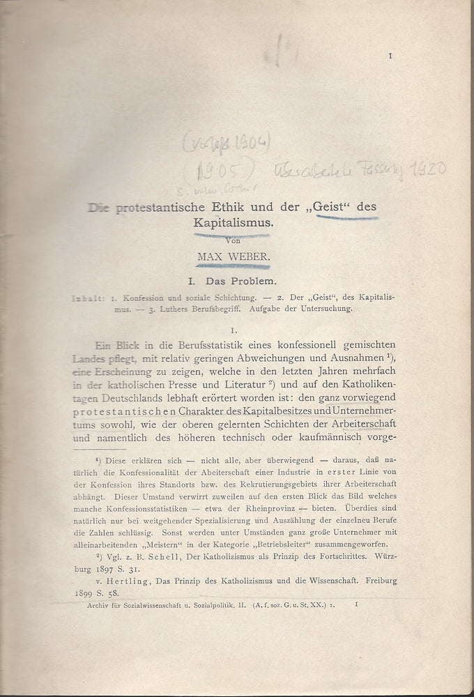 Item #1535 [Caption title:] Die protestantische Ethik und der “Geist” des Kapitalismus. I. Das Problem. [II. Die Berufsidee des asketischen Protestantismus.]. Max Weber.
