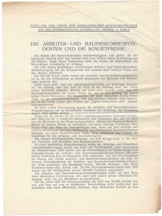 Union der Sozialistischen Sowjet-Republiken. Katalog des Sowjet-Pavillons auf der Internationalen Pressa-Ausstellung K&ouml;ln 1928. [Together with Two Related Flyers.]