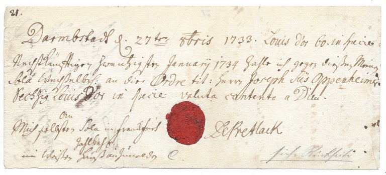 Item #1705 Promissory note. (Wechsel.). Joseph Süß Oppenheimer.
