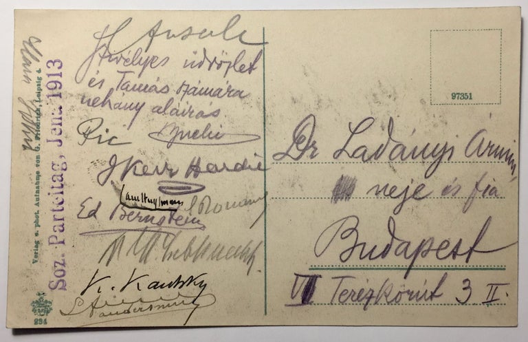 Item #1717 Postcard Signed By Early Prominent Socialists at the Sozialdemokratische Parteitag Jena, 1913. Karl Liebknecht, Manó Buchinger, Clara Zetkin, Karl Kautsky.