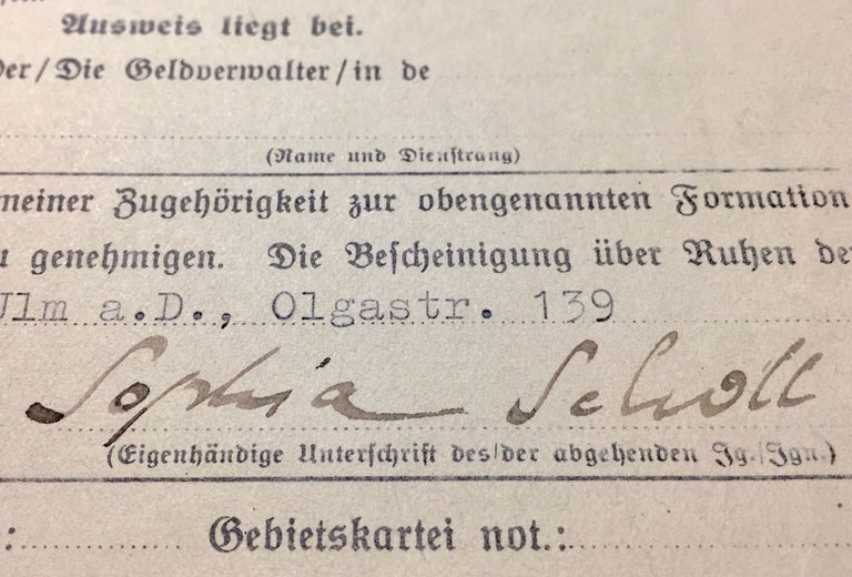 Item #1722 Sophie Scholl’s Signed Membership Suspension Request From the Bund Deutscher Mädel. Sophie Scholl.
