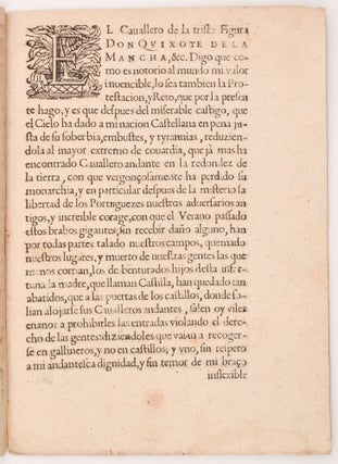 Cartel de desafio, y protestacion cavalleresca de Don Quixote de la Mancha Cauvallero de la triste figura en defension de sus Castellanos.