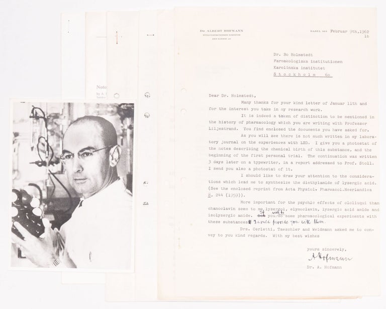 Item #1837 Signed, Typewritten Letter by Albert Hofmann; Photocopy of the First Report on the Use of LSD; and Other Documents. Albert Hofmann, Bo Holmstedt.