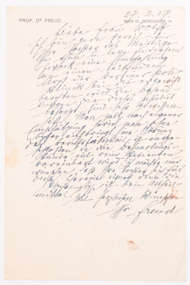 Item #1842 [ALS.] Sigmund Freud’s Autograph Letter in German to Frau Wolff. Sigmund Freud.