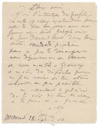 Item #1883 Pierre-Auguste Renoir’s Signed Autograph Postcard in French to Claude Monet....