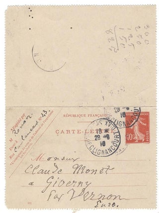 Pierre-Auguste Renoir’s Signed Autograph Postcard in French to Claude Monet.