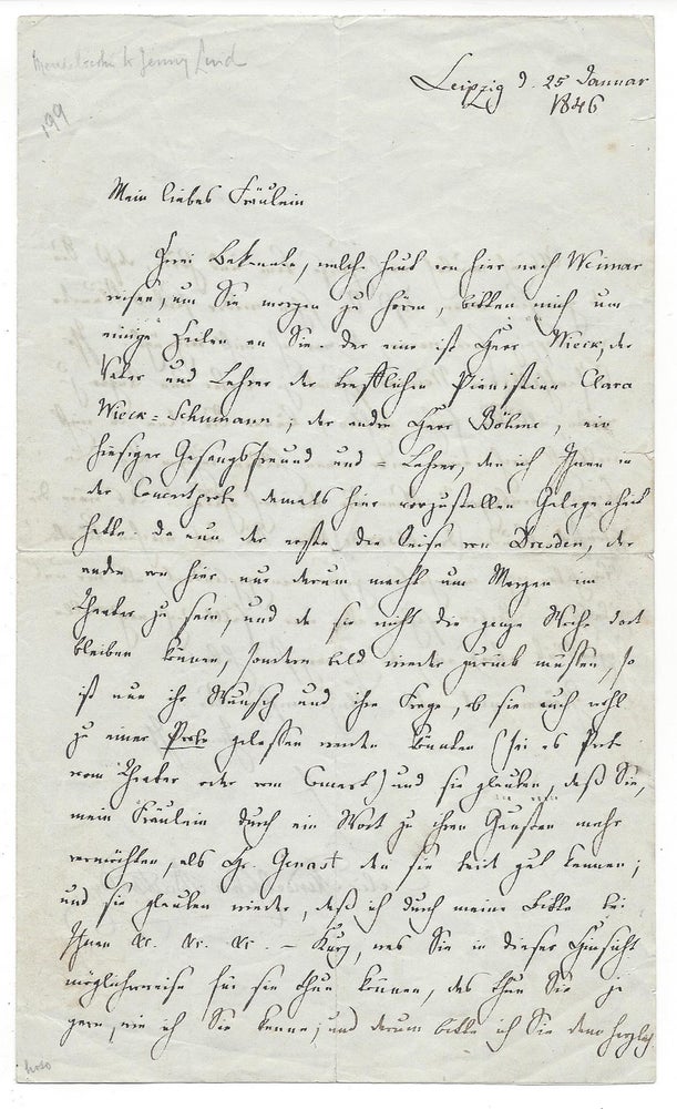 Item #1911 Felix Mendelssohn’s Autograph Letter to Jenny Lind. Felix Mendelssohn Bartholdy, Jenny Lind.