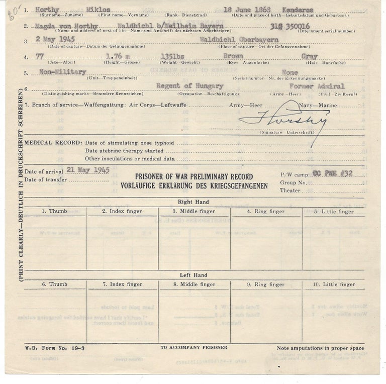 Item #2034 Miklós Horthy’s Prisoner Information Card from Camp Ashcan. (Prisoner of War Preliminary Record.). Miklós Horthy, Nagybánya de.