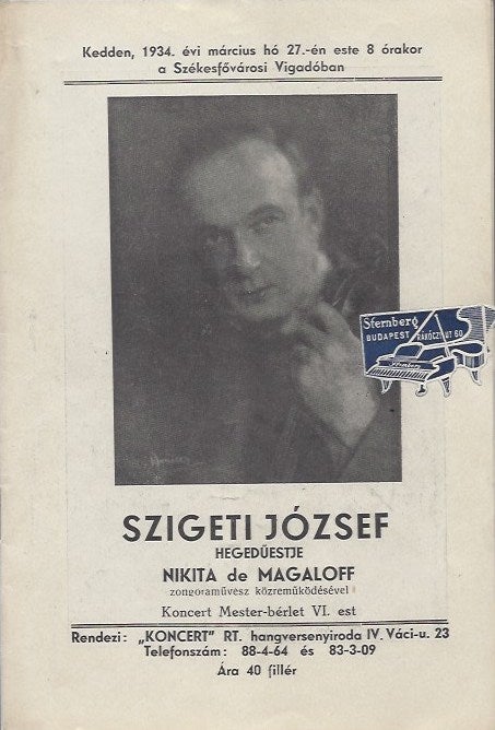 Item #2105 Jozsef Szigeti violin concert program