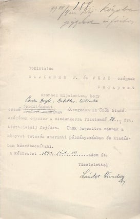 Item #2107 Contract for Arthur Conan Doyle translations TLS. Tivadar Lándor