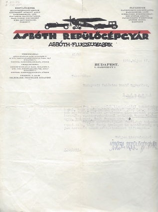 Item #2124 Letter to the Budapest Volunteer Ambulance Association. Oszkár Asbóth