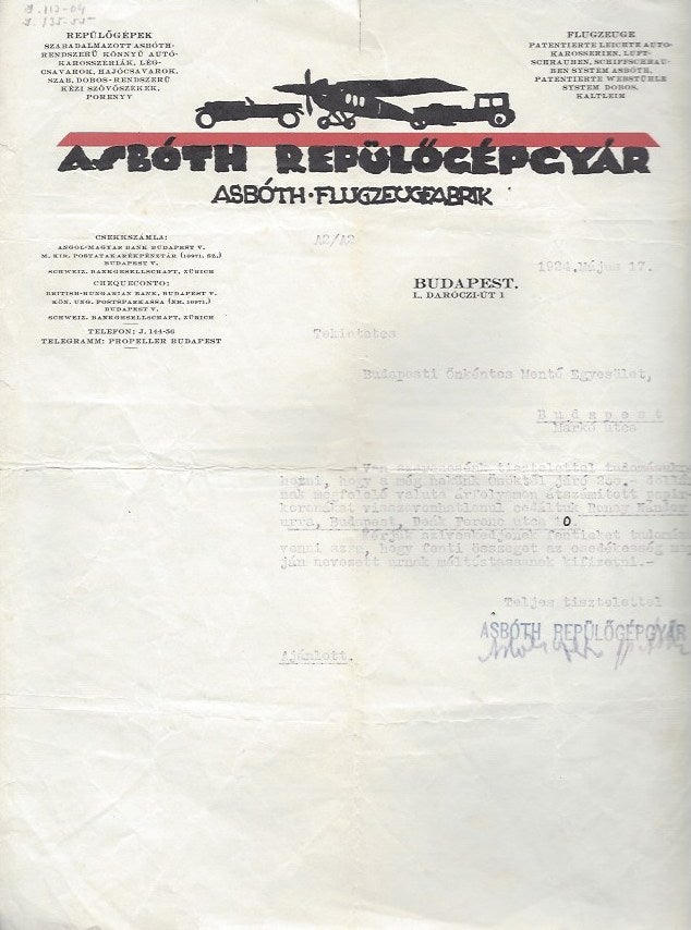 Item #2124 Letter to the Budapest Volunteer Ambulance Association. Oszkár Asbóth.