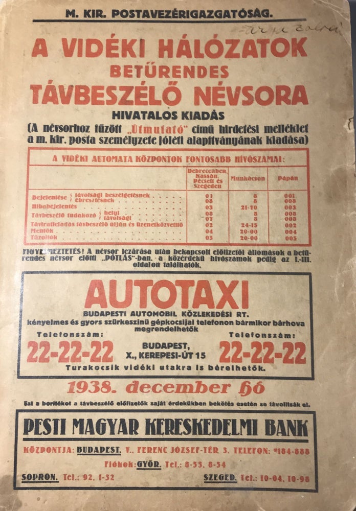 Item #2126 1938. A vidéki hálózatok betűrendes távbeszelő névsora. (Alphabetical telephone directory of Hungary, expect Budapest)