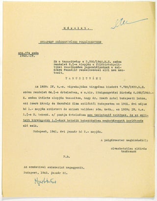 Szerb Antal (1901-1945) géppel kitöltött, aláírt két helyütt nem zsidó származását igazoló "Személyi lap"-ja (Antal Szerb's typed, signed "Personal Card" certifying his non-Jewish origin in two places