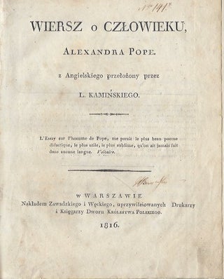 Item #2152 Wiersz o czlowieku (An Essay on Man). Alexander Pope