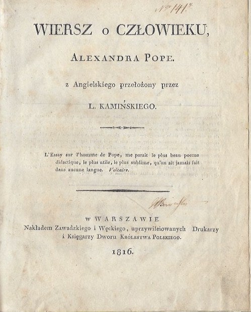 Item #2152 Wiersz o czlowieku (An Essay on Man). Alexander Pope.