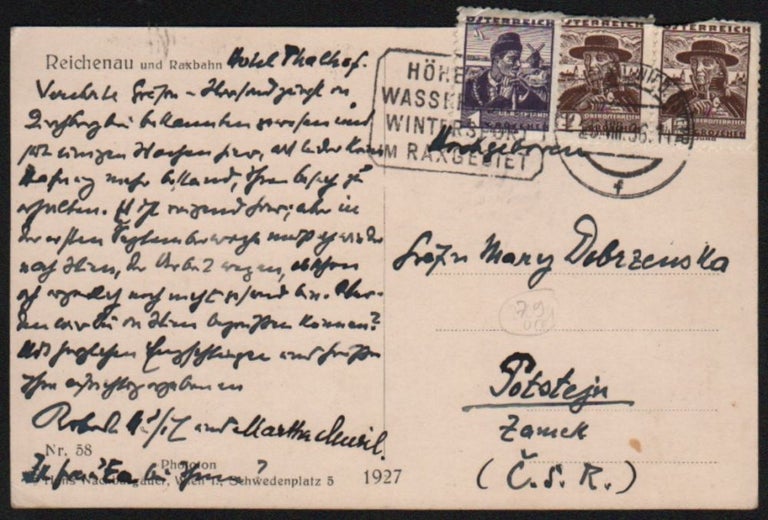 Item #217 Robert Musil’s Holograph Postcard to Countess Mary Dobrzensky in Potštejn [Potstejn] (Czechoslovakia). Robert Musil, his wife Martha.