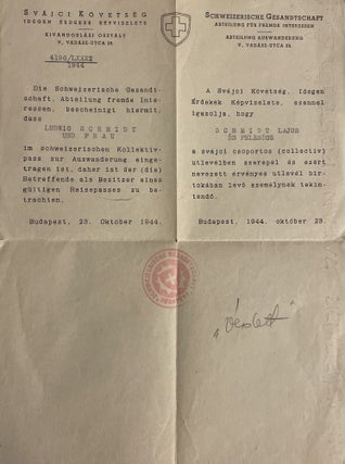 Item #2227 Protective Letter Issued by the Swiss Embassy in Budapest, which Operated under the...