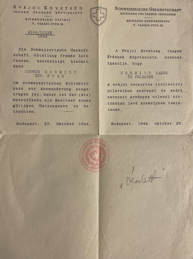 Item #2227 Protective Letter Issued by the Swiss Embassy in Budapest, which Operated under the Direction of Righteous Among the Nations, Carl Lutz – 1944