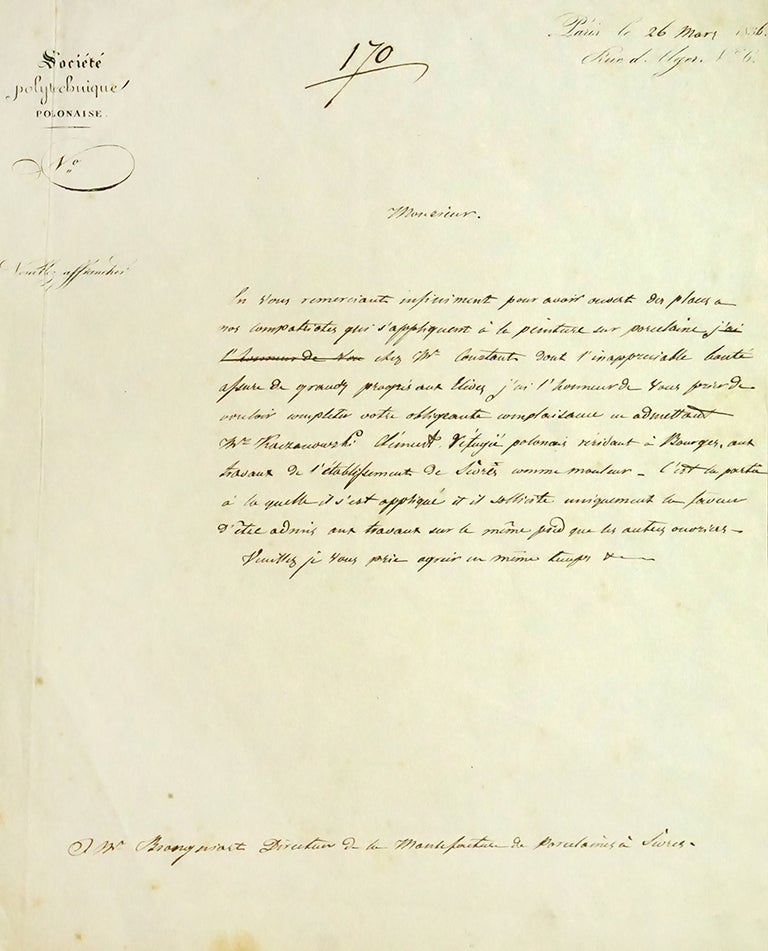 Item #2233 Autograph letter in French on the letterhead of the company as director of the Société Polytechnique Polonaise. Józef Zachariasz Bem, József Bem.