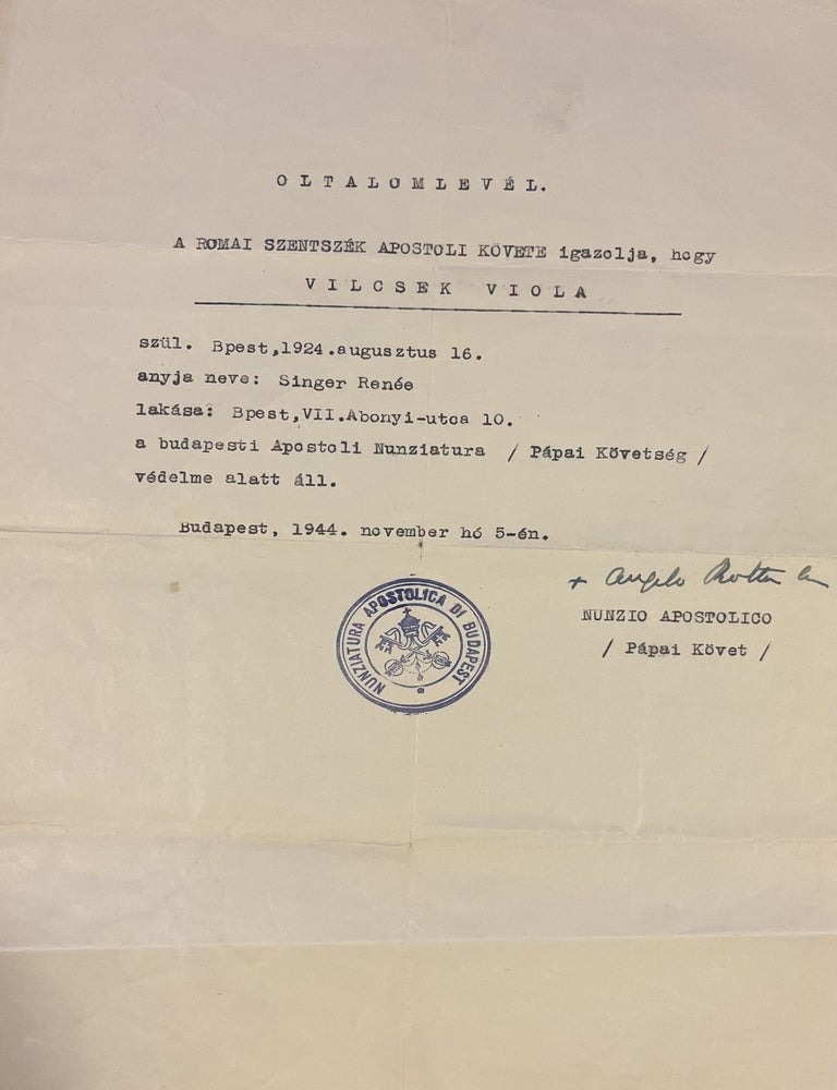 Item #2240 Letter Of Protection (&ldquo;Oltalomlevel&rdquo;) Issued To A Hungarian Jew and signed by The Apostolic Nuncio In Budapest, Monsignor Angelo Rotta. Angelo Rotta.