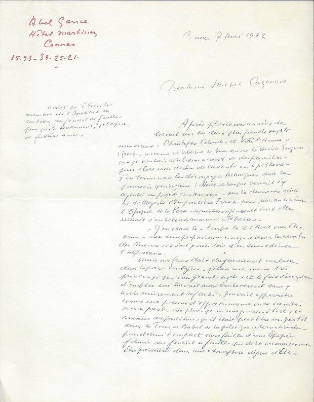 Item #2241 Letter of a film project about Charles de Gaulle. Abel Gance.