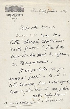 Item #2242 Autograph letter to Claude Monet. Pissarro Camille
