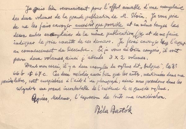 Item #2245 Autograph letter in French to Raina Katzarova Bulgarian folk music researcher (With the original envelope). Bela Bartok.