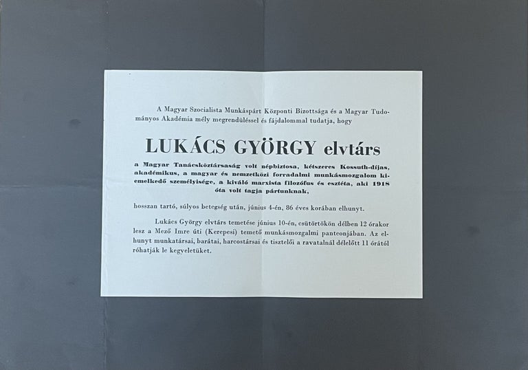 Item #2341 Obituary of György Lukács