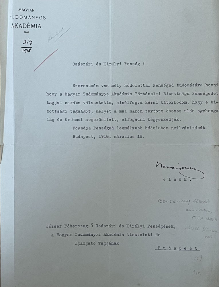 Item #2343 TLS to Erzherzog Joseph August von Österreich, Albert Berzeviczy, President of the Hungarian Academy of Sciences.