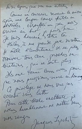 Item #2372 1 page autograph in france ("In ten lines what to say to artists"). Lipchitz Jacques