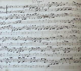 [The Art of Fugue, BWV 1080 / Six Sonatas for Violin and Harpsichord, BWV 1014–1019 / Goldberg Variations, BW 988; MS score of J. C. Bach. Op. 5. No. 6.] L’Art de la Fugue Par Jean Sebastien Bach Prix 24 fl. [Bound with:] Six grandes Sonates entremêlées de Fûgues pour le Clavecin ou Piano Forté avec Violon concertant Composés par Jean Sebastien Bach Prix. 18 fl. [Bound with:] Trente variations Fuguées pour Clavecin ou Piano-Forte Composées par Jean Sebastien Bach Prix 9 fl. [Bound with a Manuscript Score of Johann Christian Bach’s Op. 5. No. 6. Allegro Moderato:] Cembalo di Fuga.
