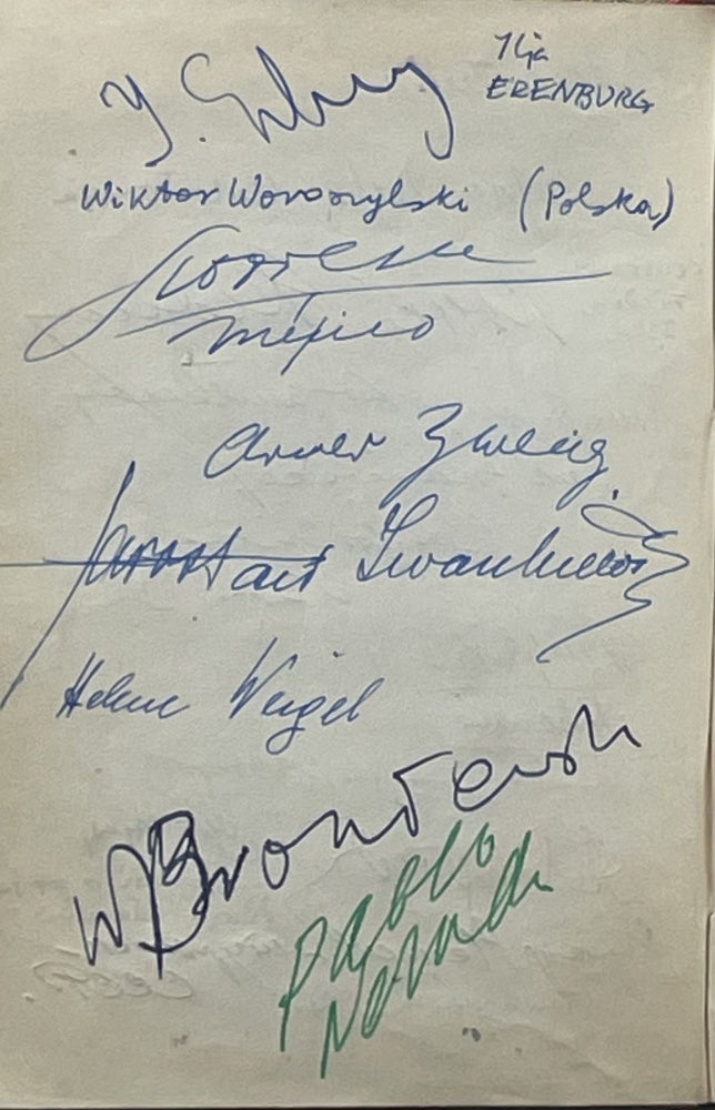 Item #2527 The Chinese Delegation's Gift Book on the Second Congress of Defense of Peace with Signatures. Pablo Neruda, Ilya, Ehrenburg, Arnold Zweig, Wiktor Woroszylski, Helene Weigel, George Ashmore Fitch, Xiao San, Signed by.
