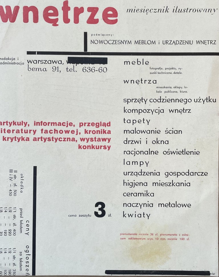 Item #2594 Advertising brochure for "Wnetrze" (Interior. Illustrated monthly | dedicated to modern furniture and interior design). Henryk Stazewski.