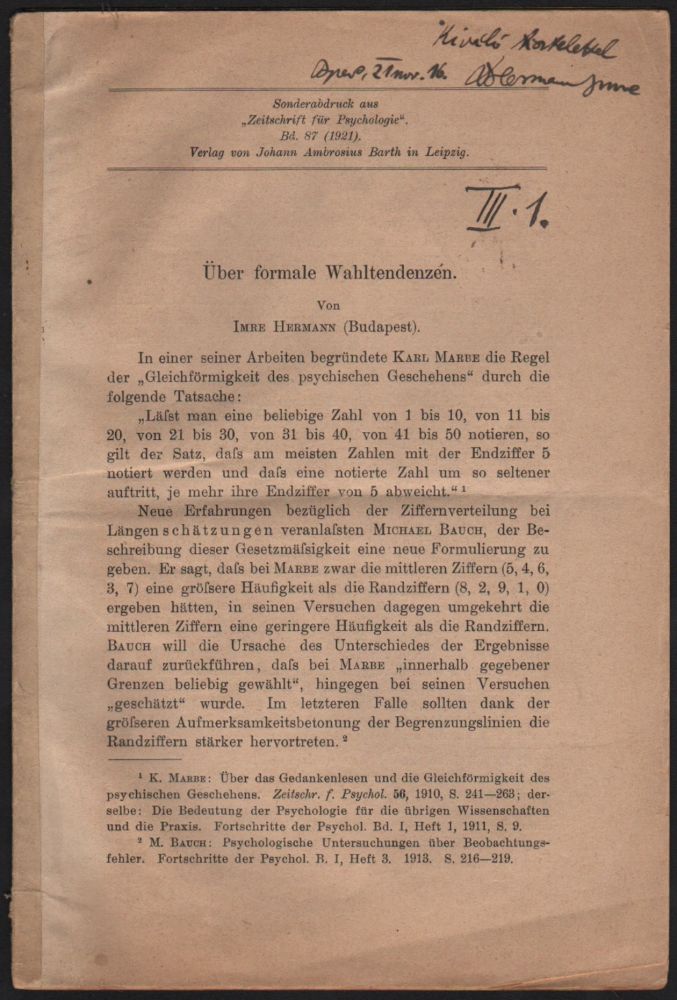 Item #272 Über formale Wahltendenzen. Von -- (Budapest). (Sonderabdruck aus “Zeitschrift für Psychologie”. Bd. 87 (1921). Imre Hermann.