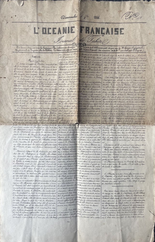Item #2754 L’océanie française. Journal de Tahiti. Dimanche 8 7bre 1844. No. 19. Edmond de Ginoux.