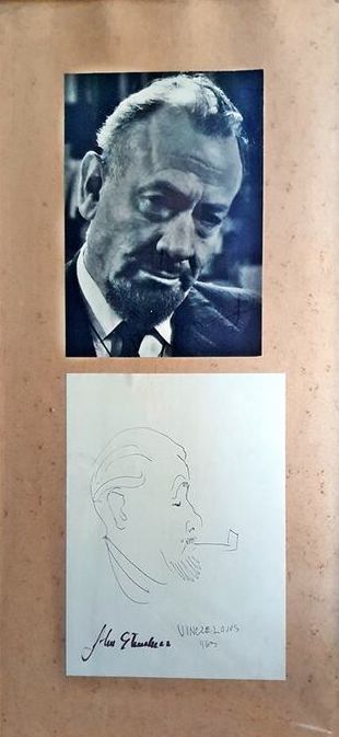 Item #2764 Pen drawing of John Steinbeck with a photo. Signed by Steinbeck. Vincze Lajos, John Steinbeck.
