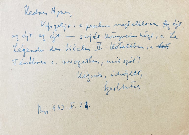 Item #2765 Autograph signed postcard to Agnes Nemes Nagy. Antal Szerb.