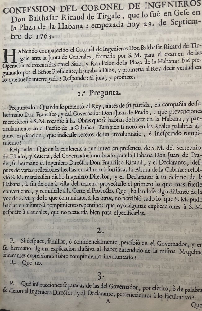 Item #2855 Confession del Coronel de Ingenieros Don Balthasar Ricaud de Tirgale, que lo fuè en Gefe en la Plaza de la Habana: empezada hoy 29. de Septiembre de 1763. Balthasar Ricaud de Tirgale.