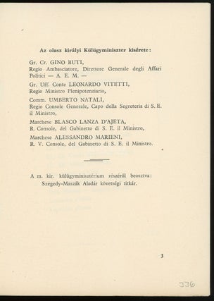 Item #2911 Italian Foreign Minister Ciano's visit to Budapest, Mezohegyes and Godollo. Program...